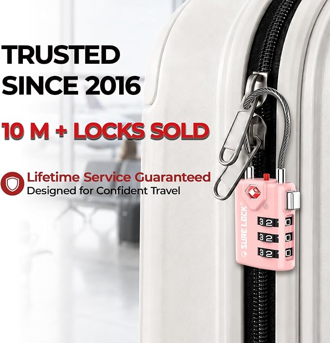 SURE LOCK TSA Approved Luggage Locks with Open Alert Indicator, 3 Digit Combination Cable Travel Lock for Suitcase, Backpack, Gym Locker, Toolbox & Travel Bag(2, Pink 2 Pack) - Image 2