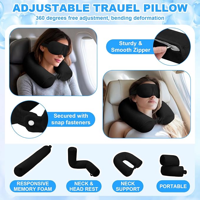 BreezeHug 4 Pcs Travel Comfort Kit with Memory Foam Travel Pillow Airplane Footrest Hammock 3D Contoured Eye Mask Compression Socks Neck Pillow for Car Flight Sleeping Support (Black) - Image 3