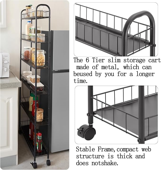 6in 6 Tier Slim Storage Cart with Wheels,Narrow Space Rolling Shelving Unit with Handle, Metal Wire Mobile Organizer Rack for Kitchen Bathroom Office Laundry - Image 6