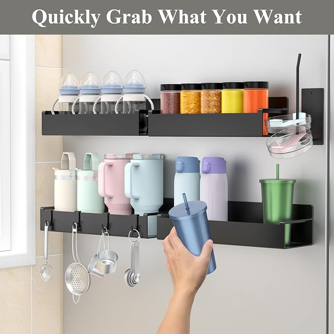 HuggieGems Magnetic Water Bottle Holder for Fridge Black, 4 Pack | Tumbler Organizer with Hooks, Cup Holder Organizer Storage, Refrigerator Shelf for Stanley, Owala - Image 4