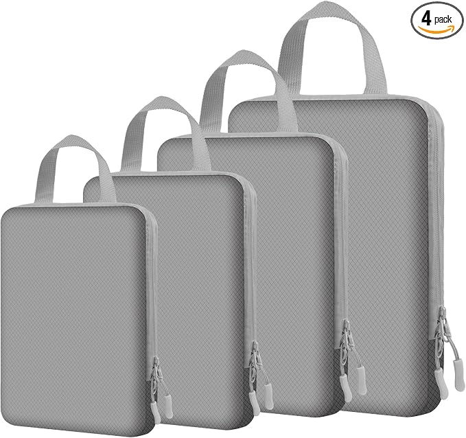 4 Set Expandable Compression Packing Cubes for 3–7 Day Travel, Solid & Plaid Fabric Travel Organizers, Double-Zipper Storage Bags for Carry-On & Suitcases(4set-Grey) by Unknown