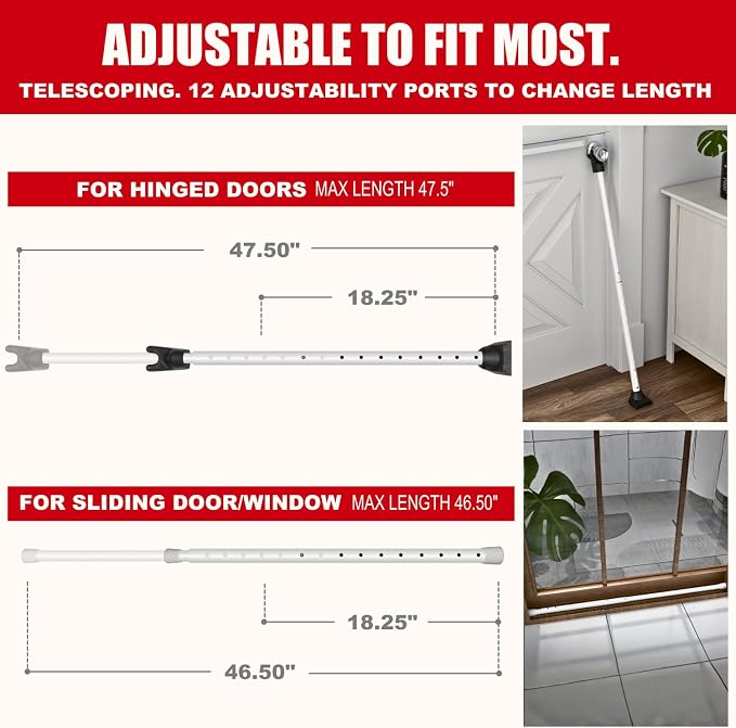 SECURITYMAN 3-in-1 Door Security Bar, Security Door Stoppers & Door Barricade – Heavy Duty Adjustable Iron Security Lock Bar for Home Defense, Apartment & Travel Safety (1 Pack - White) - Image 3