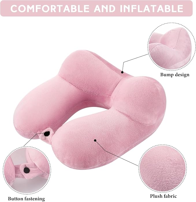 Sintuff 2 Pack Inflatable Travel Pillow for Airplanes Inflatable Neck Flight Pillows with Compact Bag and Blindfold for Traveling, Airplane, Train, Car, Office(Light Pink and Violet) - Image 3