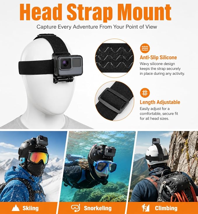 6 in 1 Accessories Kit for Action Camera, Chest Mount Harness Strap, Head Strap Mount, Suction Cup, Selfie Stick, Floating Handle Grip, Flexible Octopus Tripod, Fit for Recording VLOG/POV - Image 3