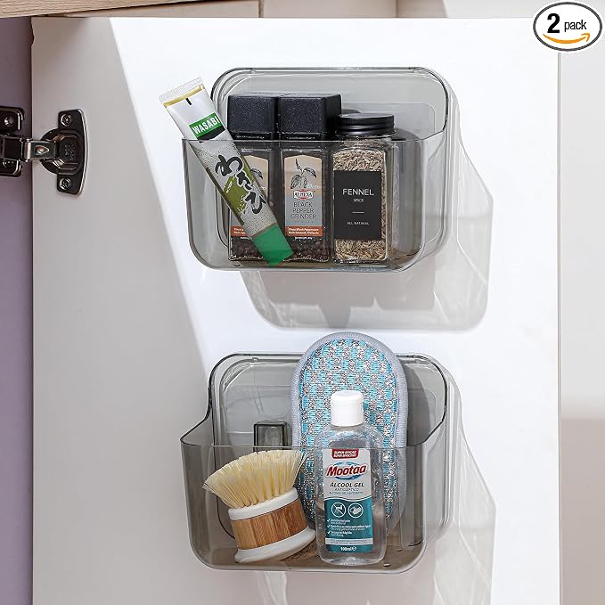 2 Pack Adhesive Cabinet Door Organizer, Compact Kitchen Under Sink Organizer, Lid Storage Container for Pantry Shelves, No-drill Wall Mounted Bathroom Shower Caddy Hanging Closet Organizer(Smoke Gray) by Veefos