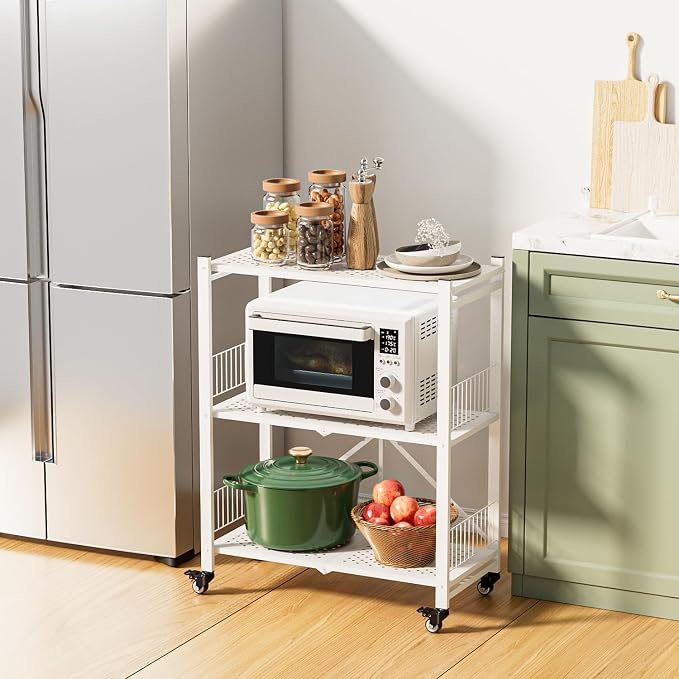Folding Storage Shelves No Assembly, 3 Tier Foldable Shelves with Wheels, Collapsible Rolling Storage Rack for Pantry Laundry Room Small Spaces, White - Image 6