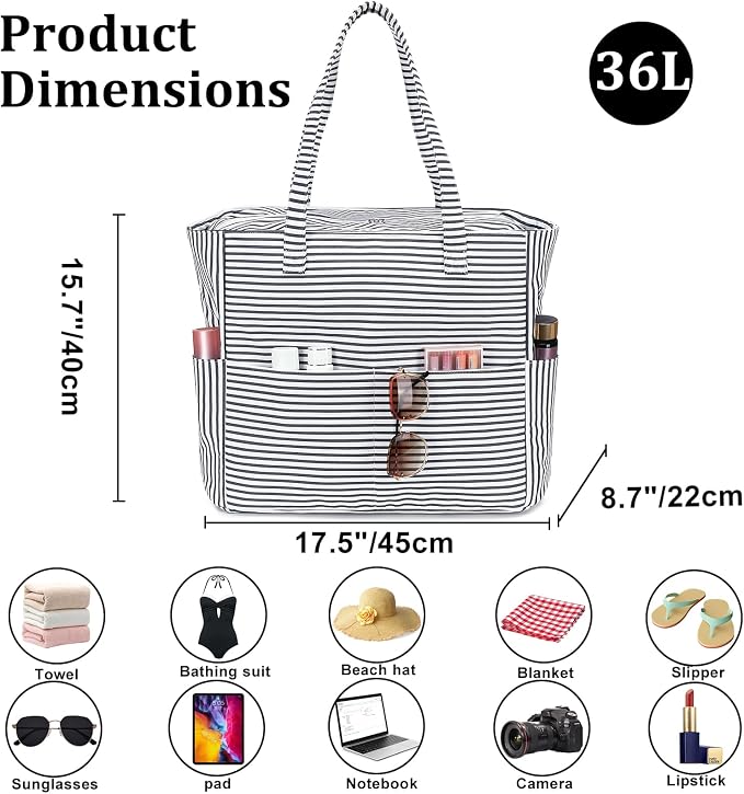 LEDAOU Large Beach Bag for Women, Waterproof Sandproof Tote Bag with Zipper | 36L Pool and Swim bag with Zipper, Wet/Dry pocket and 7 Pockets for Beach Days, Cruises, Vacations and Family travel - Image 8