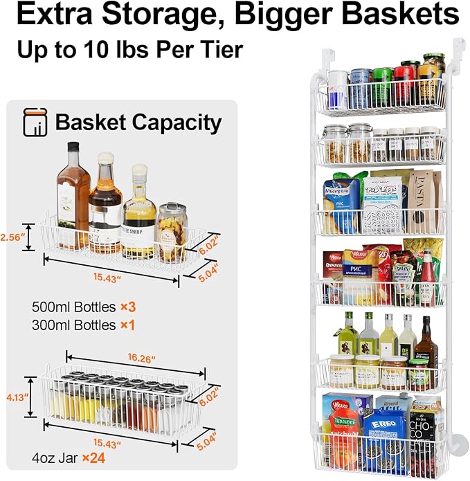 Delamu Large Over the Door Pantry Organizer, 6-Tier Metal Pantry Door Organization and Storage for Easy Install, Hanging Spice Rack Seasoning Shelves for Cabinet & Kitchen, D6.7xW17.5xH53.7 in, White - Image 4