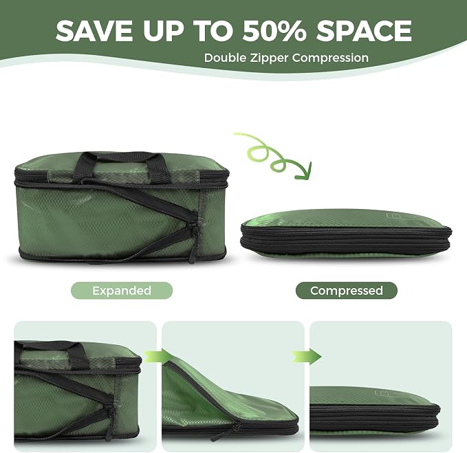 8-Piece Compression Packing Cubes for Travel, Organize Travel Essentials | Trendy Luggage Organizer Set for Young Travelers, Space-save for Carry-On, Suitcase, Vacation & Weekend Trips - Avocado Green - Image 3