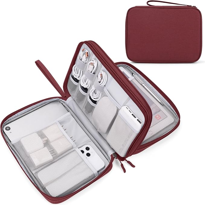 FYY Electronic Organizer, Travel Tech Pouch Bag, Extra Large, Wine Red | Wrist Strap, Waterproof, Double Layers Electronics Travel Case for iPad, Cord, Laptop Charger, Daily and Business Trips Use by FYY