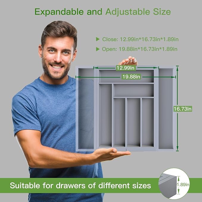Pipishell Bamboo Expandable Drawer Organizer for Utensils Holder, Adjustable Cutlery Tray, Wood Drawer Dividers Organizer for Silverware, Flatware, Knives in Kitchen, Bedroom, Living Room(Grey) - Image 4