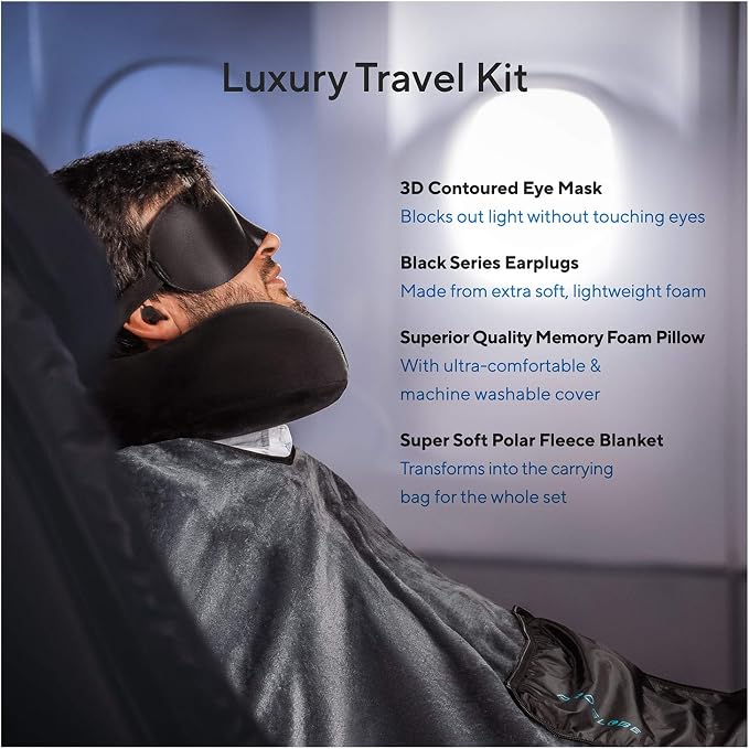 Travel Blanket Luxury Travel Set - Ergonomic Airplane Neck Pillow 100% Pure Memory Foam and Super Soft Fleece Blanket - Premium 3D Sleep Mask & Earplugs - Ultimate 4-in-1 Traveling Kit Black - Image 2