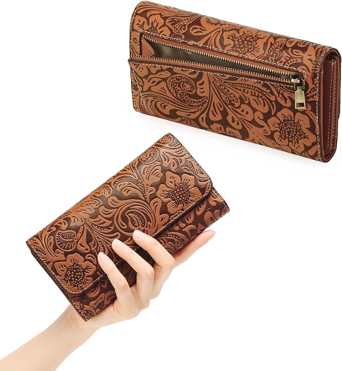 GOIACII Leather Wallets for Women RFID Blocking Western Clutch Brown | Embossed Design, Trifold, Large Billfolds, Vintage Flower, Ladies Purses with Zipper Coin Pocket - Image 3