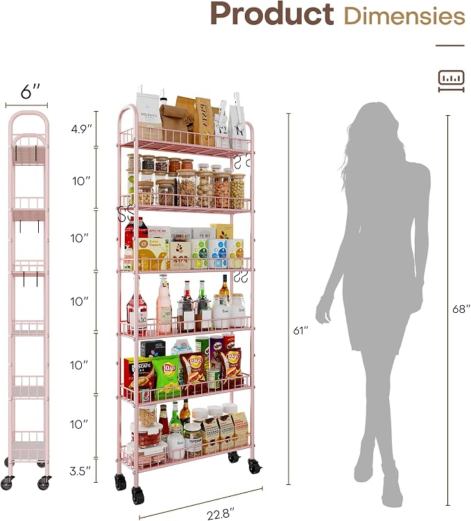 6 Tier Slim Rolling Storage Cart with Wheels, Metal Mobile Shelving Unit Organizer Utility Cart for Office Bathroom Kitchen Laundry Room Narrow Places (Pink 6 Inches) - Image 7