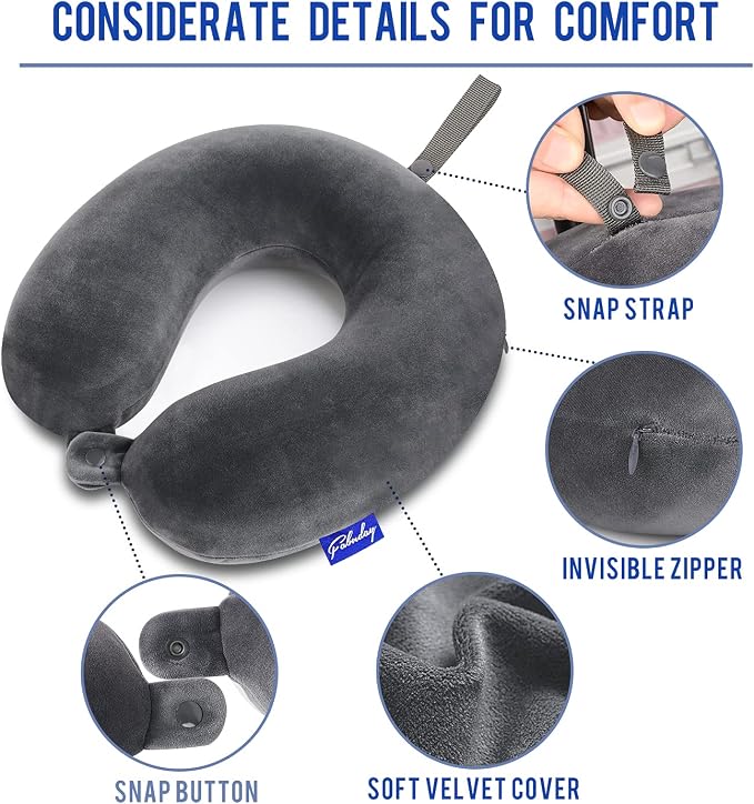 Travel Pillow Memory Foam for Airplanes - Neck Pillow for Traveling, Car, Home, Flight Pillow for Sleeping with Attachable Snap Strap Soft Washable Cover, Provide Head Neck Support Rest, Dark Gray - Image 6