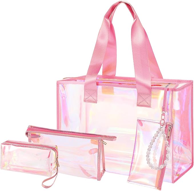 Cosweet Iridescent Beach Tote Bag with 3 Small Pouch for Women | 26L Waterproof Clear Jelly Bag, Tip-Proof Foldable, Small Pouch for Phone Makeup, for Pool Cruise Travel Gifts by Cosweet