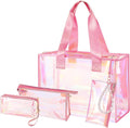 Cosweet Iridescent Beach Tote Bag with 3 Small Pouch for Women | 26L Waterproof Clear Jelly Bag, Tip-Proof Foldable, Small Pouch for Phone Makeup, for Pool Cruise Travel Gifts by Cosweet