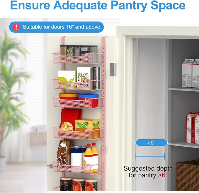 VyGrow 12.3" W Narrow Over the Door Pantry Organizer, 8-Tier Over the Door Organizer with Adjustable Basket, Pantry Door Organization for Pantry Kitchen Storage Room Spice Rack, Pink - Image 3