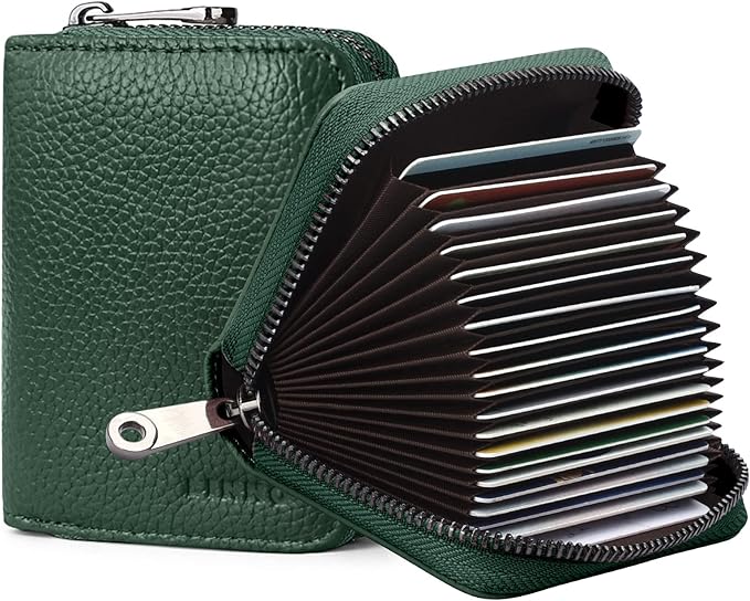 Linno RFID 20 Slots Credit Card Holder Genuine Leather Small Wallet for Women or Men with Zipper by Linno