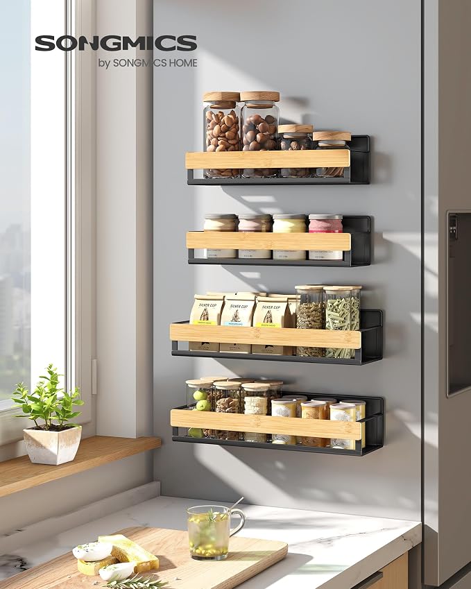 SONGMICS 4-Pack Strong Magnetic Real Bamboo Spice Racks for Fridge | Kitchen Organizer Shelf, 11.8 x 4.1 x 3 / 10.6 x 3.6 x 3 in, Ink Black and Light Bamboo, BYSTRO Collection, UKCS062BH01 - Image 2
