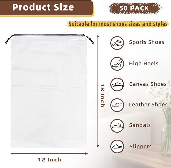 LazyMe Clear Large Shoe Bags for Travel, 12 x 18 Inch, 50 Pack | Waterproof Drawstring Shoe Bags, Large Shoe Storage Bags, Packing Bags for Travel Essentials, Men and Women - Image 2