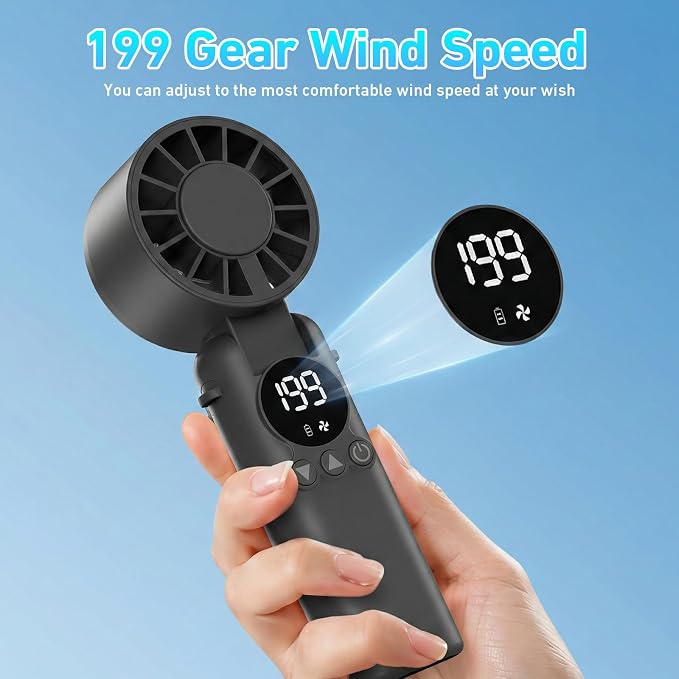 AILBTON Portable Handheld Fan, 5000mAh Rechargeable Mini Personal USB Fan with LED Display & Foldable Design, 199-Speed Powerful Battery Operated Travel Fan for Women, Outdoor, Office White - Image 5