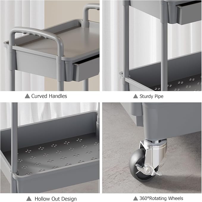 3 Tier Rolling Utility Cart with Drawer, Plastic Storage Organizer Rolling Carts with Wheels Handles Hanging Cups Hooks for Office, Bathroom, Kitchen,Craft Art Room (Grey) - Image 5