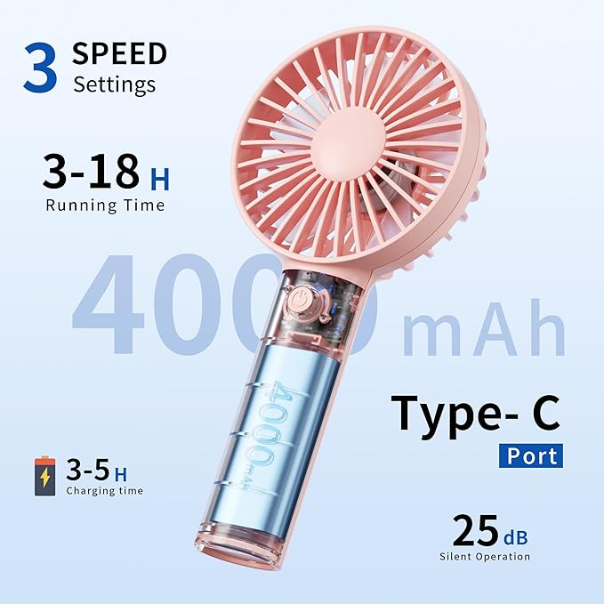 Jancane Handheld Fan, Portable Fan, 4000mAh Rechargeable Personal Fan, 10H Battery, Strong Wind, Small & Powerful, Cute Design for Travel, Makeup, Girls Women Summer Travel Essential Gift - Image 3