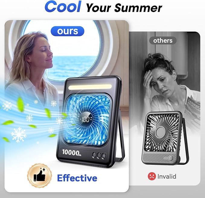 10000mAh Portable Travel Fan, 5 Speeds Strong Wind Cruise Fan with LED Lantern, 24H Runtime Personal Rechargeable Fan, 2/4/6/8H Timer, Ultra-thin Quiet Desk Fan for Camping, Office, Bedroom, Beach - Image 5