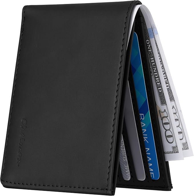 Chelmon Genuine Leather Slim Wallet for Men ID Window with RFID Blocking Minimalist Front Pocket Mens Bifold Bussiness Card Holder Gift for Men, Craze Horse Black by Chelmon