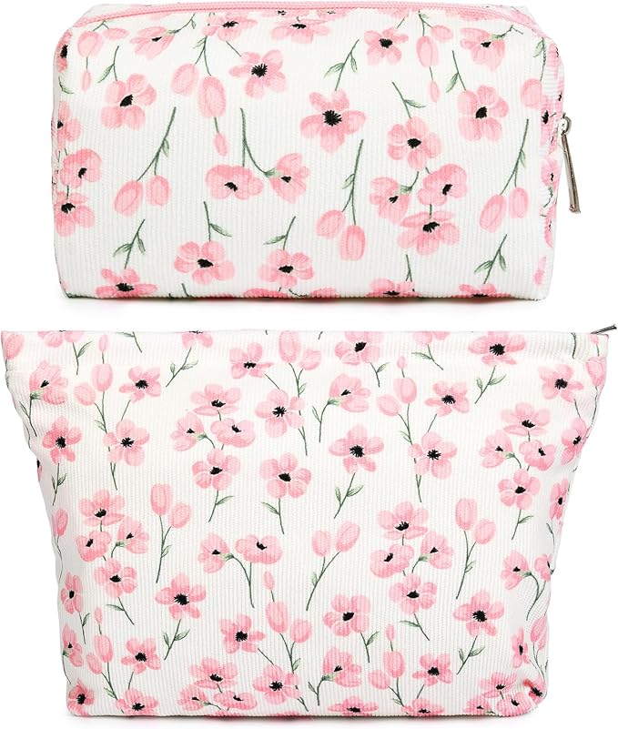 SOIDRAM 2 Pieces Flower Makeup Bag Large Floral Cosmetic Bag Capacity Canvas Mix Travel Toiletry Bag Organizer Cute Makeup Brushes Aesthetic Accessories Storage Bag for Women, Flower Mix Pink by SOIDRAM