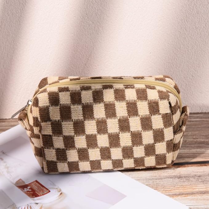 SOIDRAM 2 Pieces Makeup Bag Large Checkered Cosmetic Bag Capacity Canvas Mix Travel Toiletry Bag Organizer Cute Makeup Brushes Aesthetic Accessories Storage Bag for Women, Checkered Mix Brown - Image 6