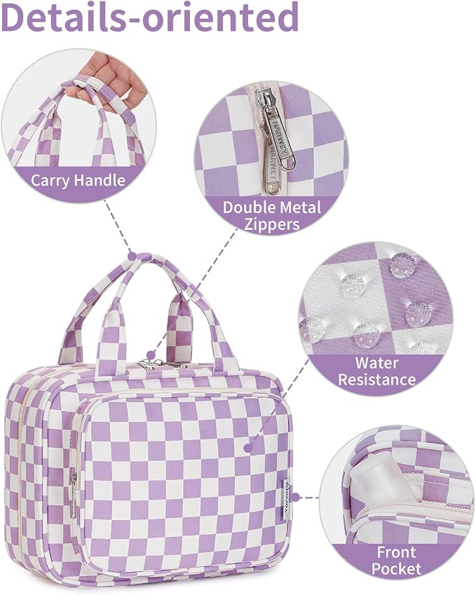 Narwey Travel Toiletry Bag for Women Large Hanging Makeup Bag Organizer Toiletries Bag for Full Size Essentials Accessories Cosmetics (Purple Checkerboard (Large)) - Image 8