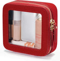 Small Clear Makeup Bag for Purse, Travel Cosmetic Case, Red, Mini | Waterproof PU Leather, Square Make Up Pouch with Zipper, Tiny Sage Green Toiletry Organizer Bag Women Car Essential Bag by POPVIBE
