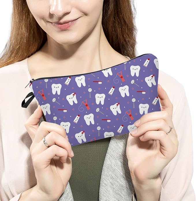 Livel lhood Purple Cartoon Teeth Cute Small Makeup Bag | Printed Padded Cosmetic Organizer Zipper Pouch, Purple Cartoon Teeth Gift for Women Friends - Image 3