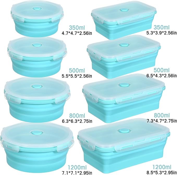 Yaomiao 16 Pack Collapsible Food Storage Container with Lid,Blue | Silicone Bowls with Air Vent, Foldable Rectangle Round Bowl ,For Rv Camping Meal Prep Organizing, Microwave Freezer Safe - Image 2