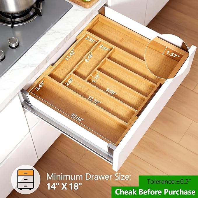 Pipishell Bamboo Expandable Silverware Drawer Organizer, Adjustable Kitchen Utensil Tray for Forks, Spoons and Knives, Wood Storage Cutlery Holder for Bedroom and Living Room - Image 2