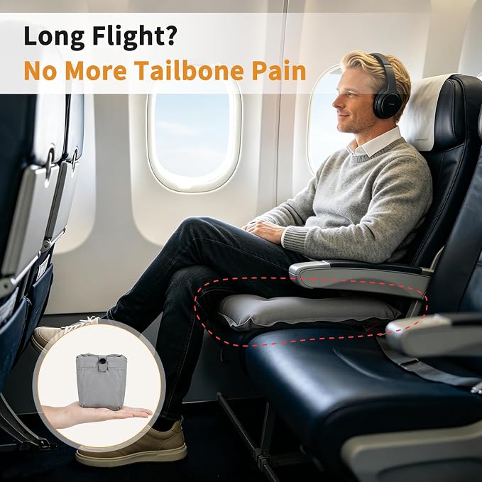 Inflatable Seat Cushion with Adjustable Firmness (Light Gray) | adjustable firmness, lightweight, waterproof, non-slip. For stadium, office, camping, car & long flights - Image 2