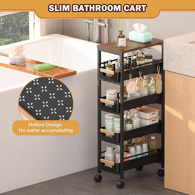 SUNALLY Slim Storage Cart with Wheels, Narrow Kitchen Rolling Cart, Black | 5-Tier Skinny Rolling Cart with Wooden Top & Lockable Wheels, Storage Organizer for Bathroom, Laundry Room, Narrow Space - Image 7