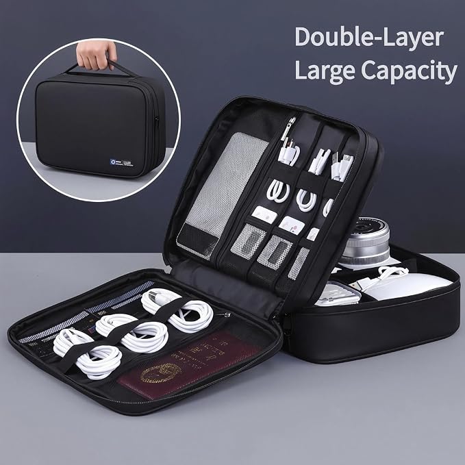Electronics Organizer Travel Case,Cord Organizer Travel, Double-Layer Cable Organizer Bag, Tech Pouch Accessories Carry Storage For Phone, Cables, Airpods, USB, Sd Card,Essentials (Black) - Image 2