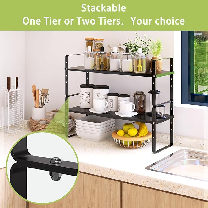 Across-Star Expandable Cabinet Shelf Organizer Rack, Stackable Kitchen Counter Storage Shelves Stand, Adjustable Height Pantry Shelf Spice Rack (Black, 1 Pack) - Image 6