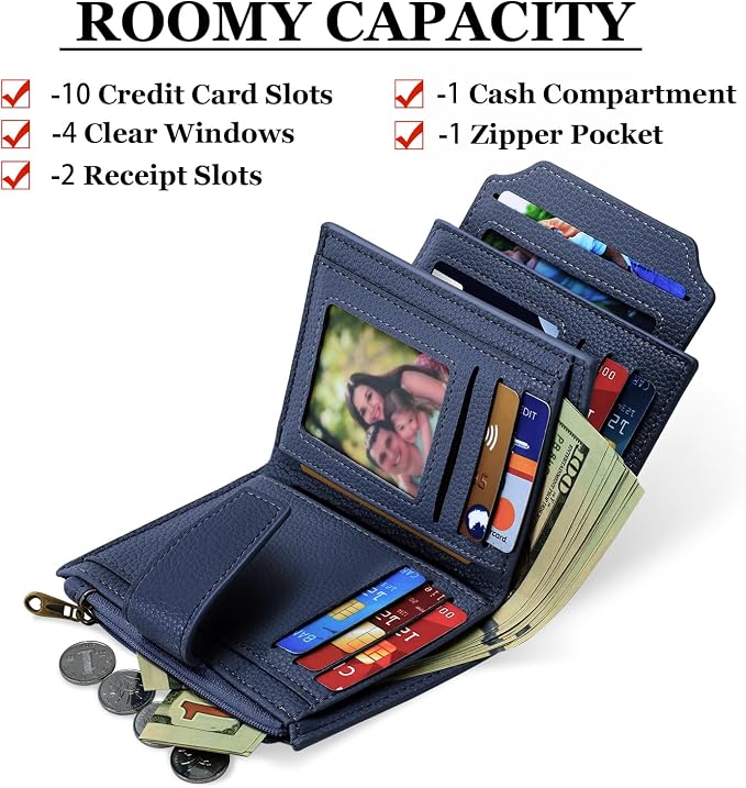 Small Wallet Women RFID Blocking Soft Leather Bifold Compact Card Holder Wallet for Women with Zipper Coin Pocket 4 ID Window - Image 2