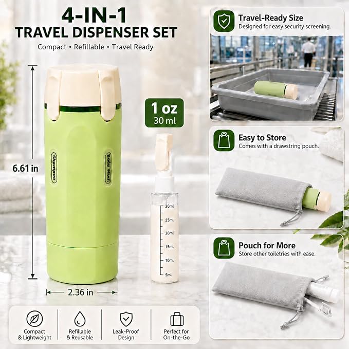 4 in 1 Travel Dispenser, Leak-Proof Travel Bottles with Storage Bag, 4 Refillable 30ml (1oz) Travel Containers for Toiletries, Portable Green Set for Shampoo, Body Wash, Lotion - Image 4
