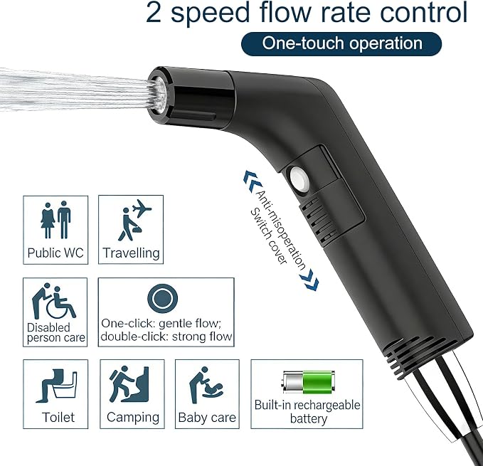 COSWE Portable Travel Bidet Electric Rechargeable Handheld Personal Bidet Sprayer for Hygiene Cleaning for Toilet with 2.3 liters Water container (Black), LIUW_JP2201 - Image 7
