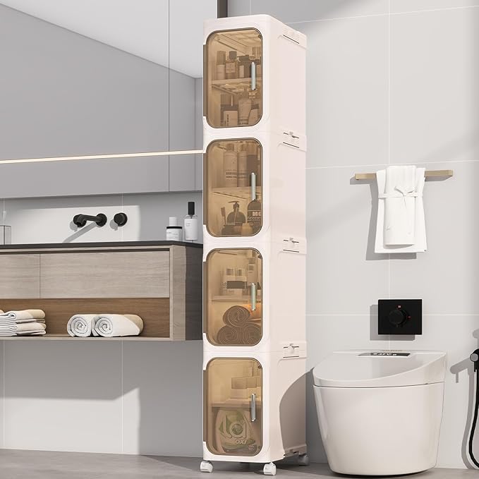 4 Tier Slim Bathroom Storage Cabinet, Foldable and Movable, Beige | Tools Free, ABS and PET, Magnetic Clear Door, Adjustable Shelves, Lockable Wheels, Water Resistant, For Narrow Space by Neathub