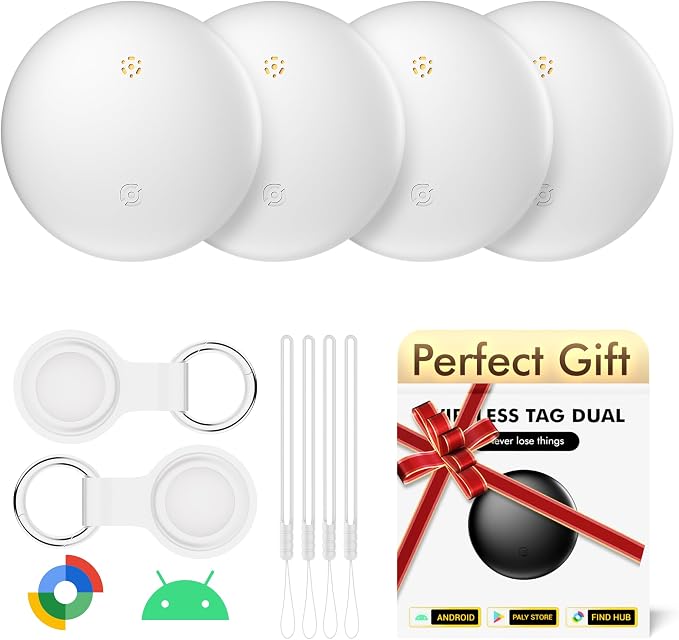 Bluetooth Tracker 4-Pack Smart Tag for Android & Samsung | IP66 Waterproof,100db, Item Finder for Keys, Wallet, Luggage. Works with Google Find Hub(White) by WATSABRO