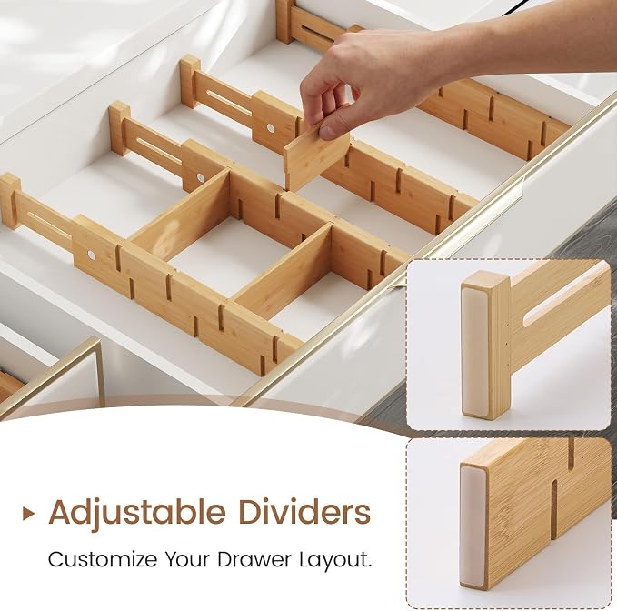 Bamboo Drawer Dividers 8 Pack with Inserts, Kitchen Adjustable Drawer Organizers for Home, Bedroom, Dresser, Expandable Organization 8 Dividers with 16 Inserts - Image 6