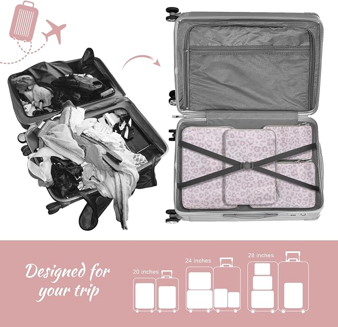 WOOMADA Compression Packing Cubes for Suitcases Travel Essentials 4 Set Expandable Travel Bags Organizer for Luggage(pink leopard) - Image 5