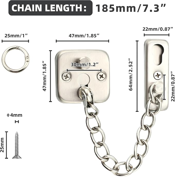 Mooche Door Chain Lock, Chain Door Lock with Spring Anti-Theft Press Lock | Thickened Stainless Steel Door Latch Guard with Screws for Interior Outdoor Toilet Barn Fence Garage (Brushed) - Image 2