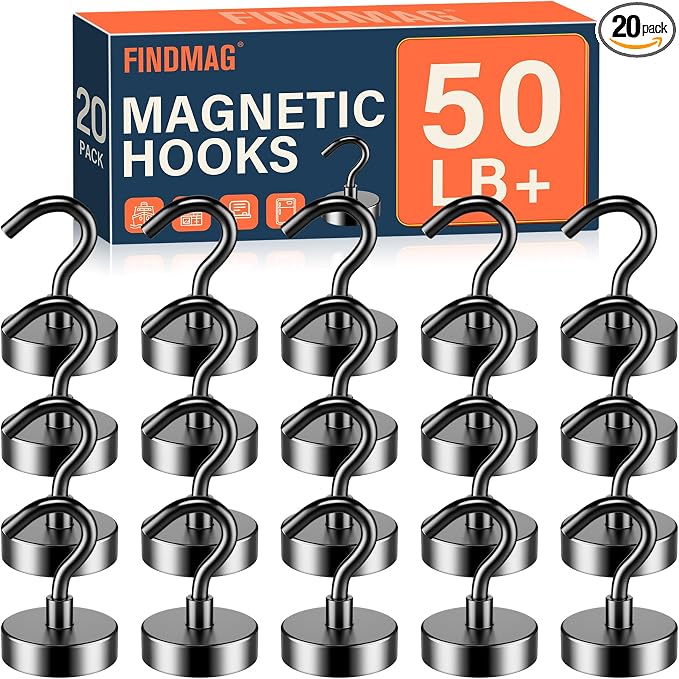 FINDMAG Magnetic Hooks for Cruise Cabins, 20 Pack 50LB+ Black Magnet Hooks | Strong Neodymium Magnets with Hooks for Hanging, Locker, Grill, Fridge, Classroom, Kitchen, Cruise Essentials 2026 by FINDMAG